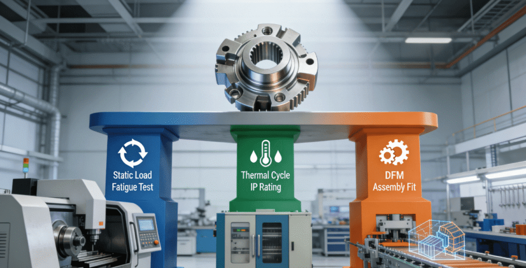 A 3D conceptual graphic showing a production part supported by three pillars labeled Structural, Environmental, and Manufacturing Validation, symbolizing the core tests of a manufacturing prototype.