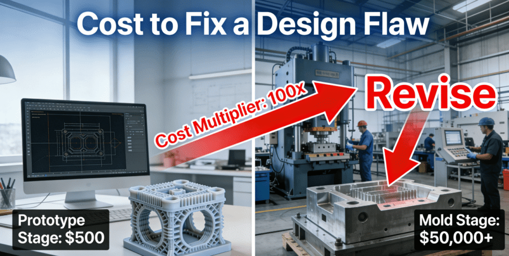 An infographic illustrating the 100x cost multiplier for fixing design flaws, comparing a 500fixintheprototypingstagetoa50,000+ correction in the mold stage.