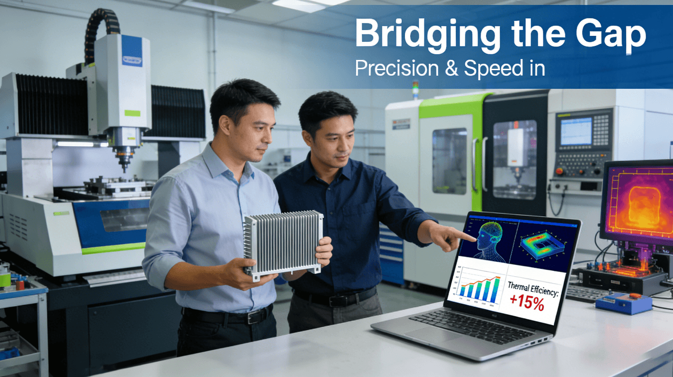 Electronics and manufacturing engineers collaborate in a lab, analyzing a high-performance aluminum heatsink for 5G against its thermal simulation data on a laptop, with CNC and testing equipment in the background, symbolizing the integration of precision and speed.
