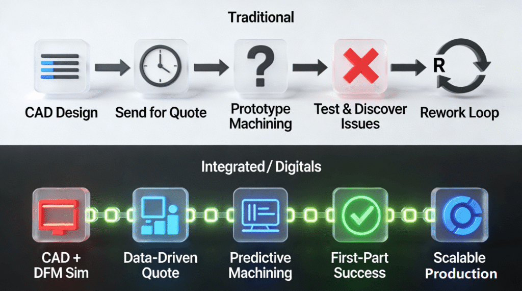 Infographic comparing a slow, risky traditional product development cycle with a fast, predictable integrated digital thread that connects simulation, quoting, and machining with data, ensuring first-part success.