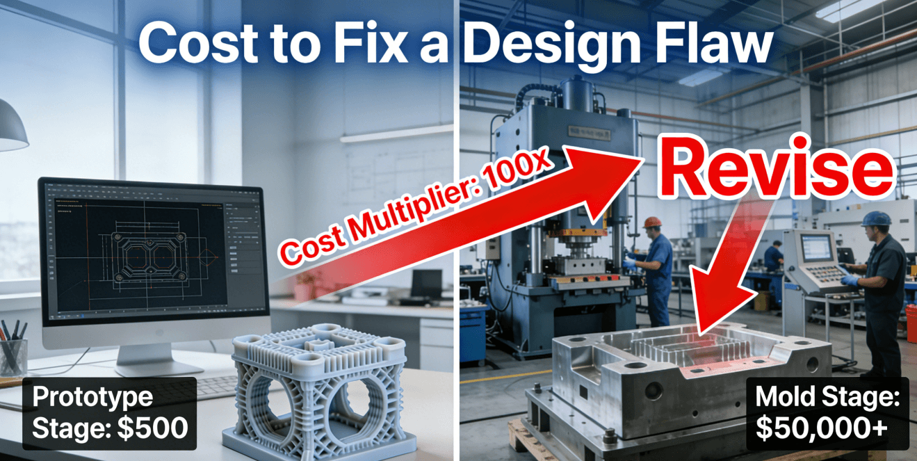 An infographic illustrating the 100x cost multiplier for fixing design flaws, comparing a 500fixintheprototypingstagetoa50,000+ correction in the mold stage.