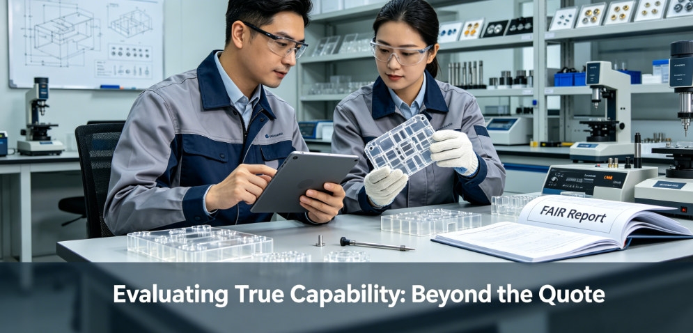 Professional engineers in a quality lab inspecting a high-tolerance plastic component using modern equipment, emphasizing thorough supplier evaluation.